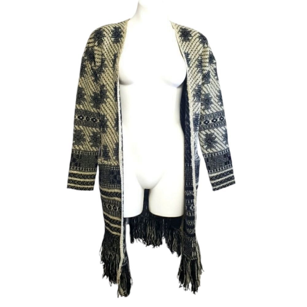 Max Sport cardigan duster tan & black open front Aztec western Cowgirl Boho S